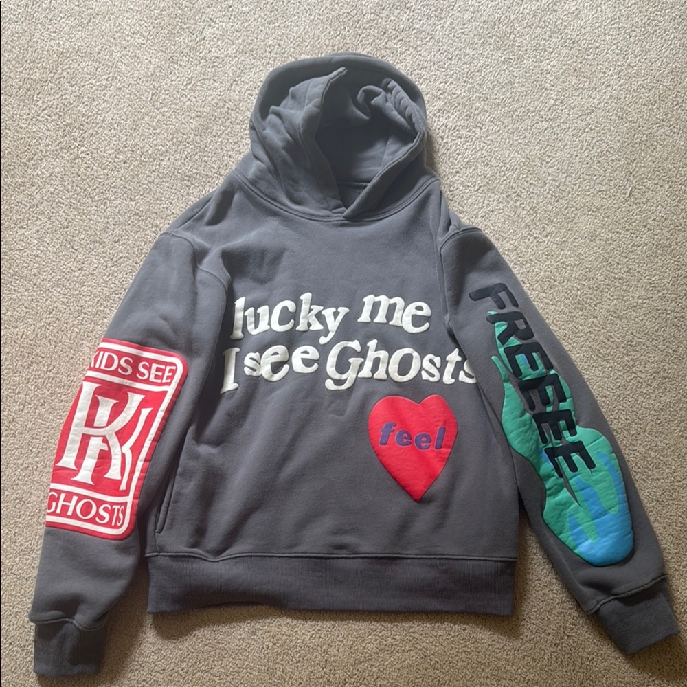 Gray Graphic Hoodie with Colorful Patches
